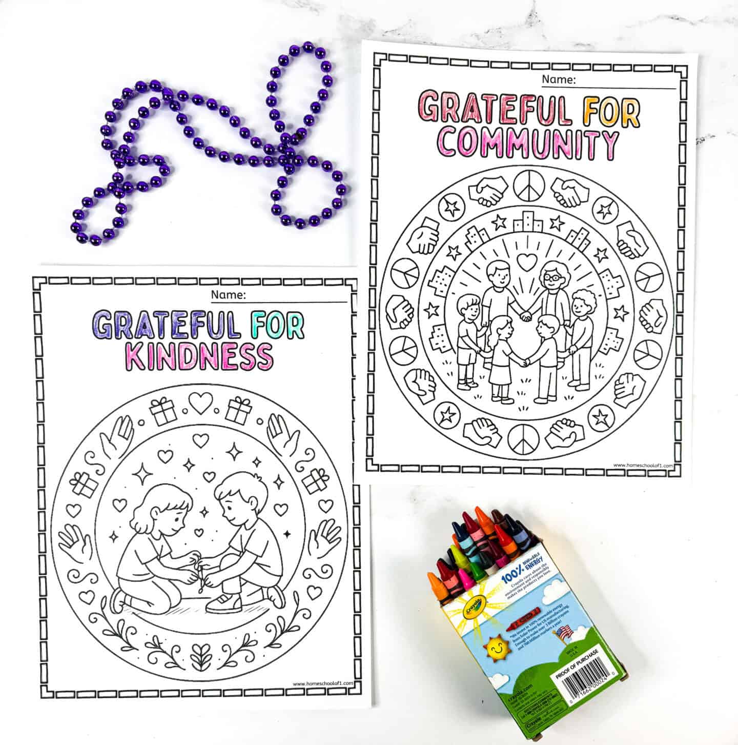 Printable coloring page with two kids sharing and “Grateful for Kindness” at the top, purple beads and crayons included in the scene.