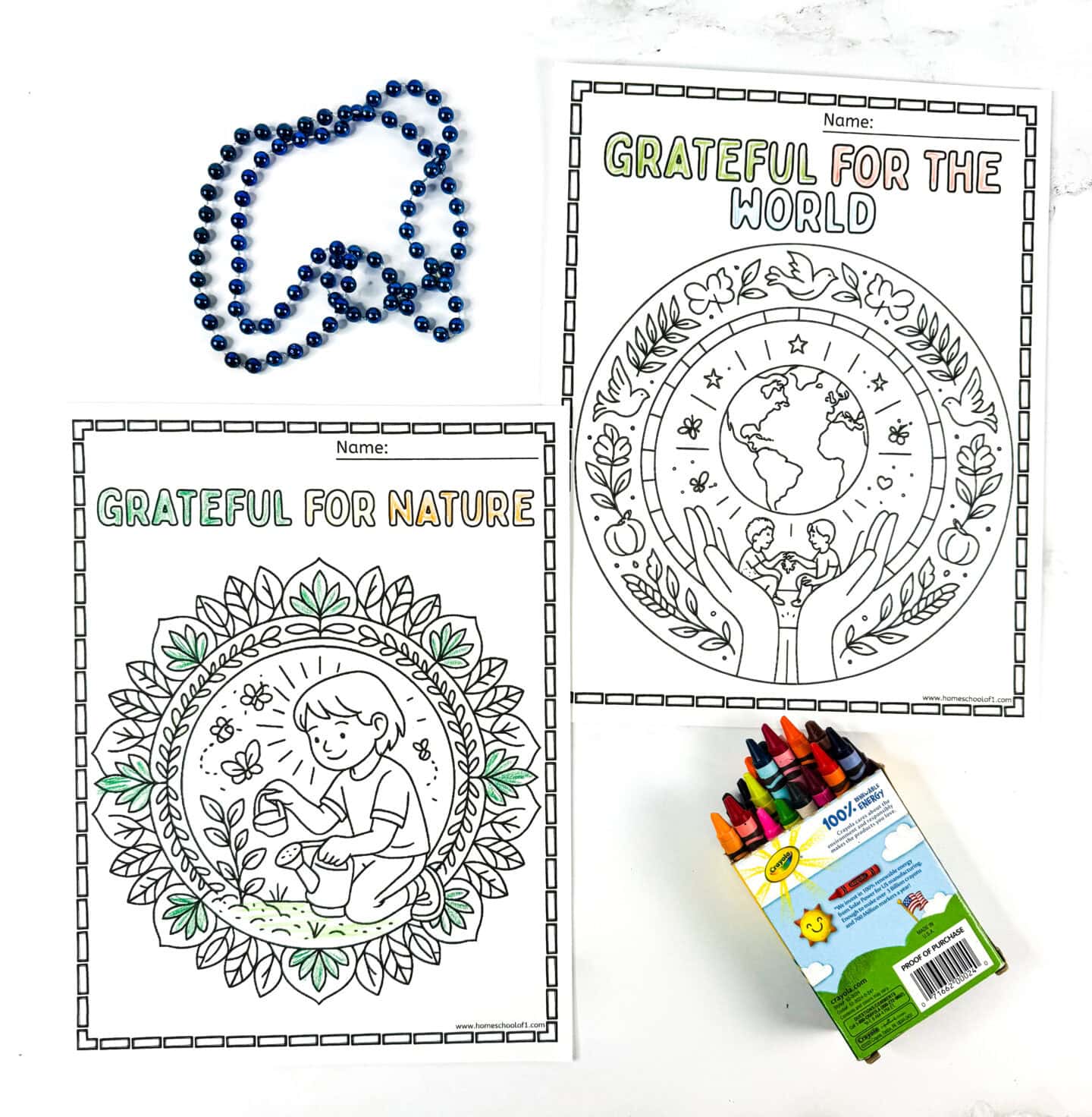 Children’s coloring sheet showing a child gardening under the title “Grateful for Nature,” with green-tinted details and blue beads.