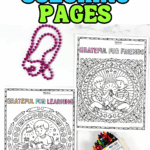 Two printable gratitude coloring pages for kids featuring “Grateful for Friends” and “Grateful for Learning” with crayons and a pink bead necklace.
