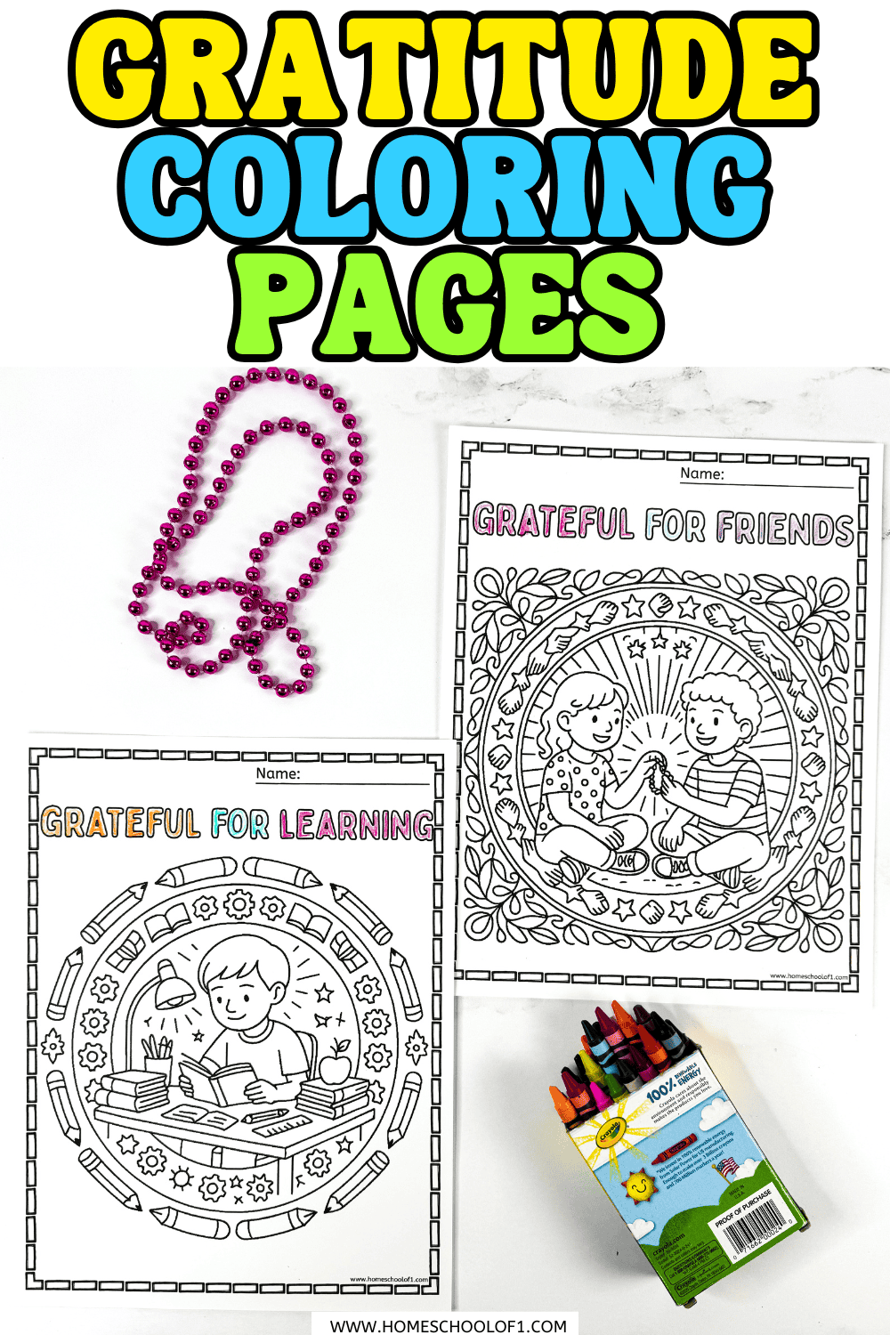 Two printable gratitude coloring pages for kids featuring “Grateful for Friends” and “Grateful for Learning” with crayons and a pink bead necklace.