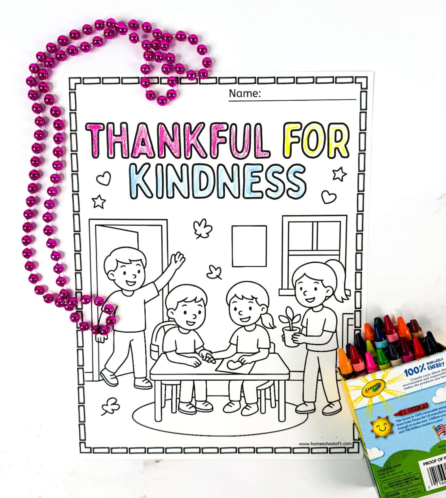 Thankful for kindness coloring page with kids helping each other in a classroom—opening doors, sharing, and working together.