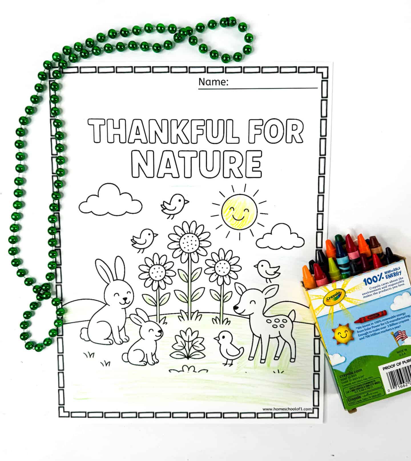 Thankful for nature coloring page with flowers, a sun, birds, bunnies, and a deer in a peaceful outdoor scene.