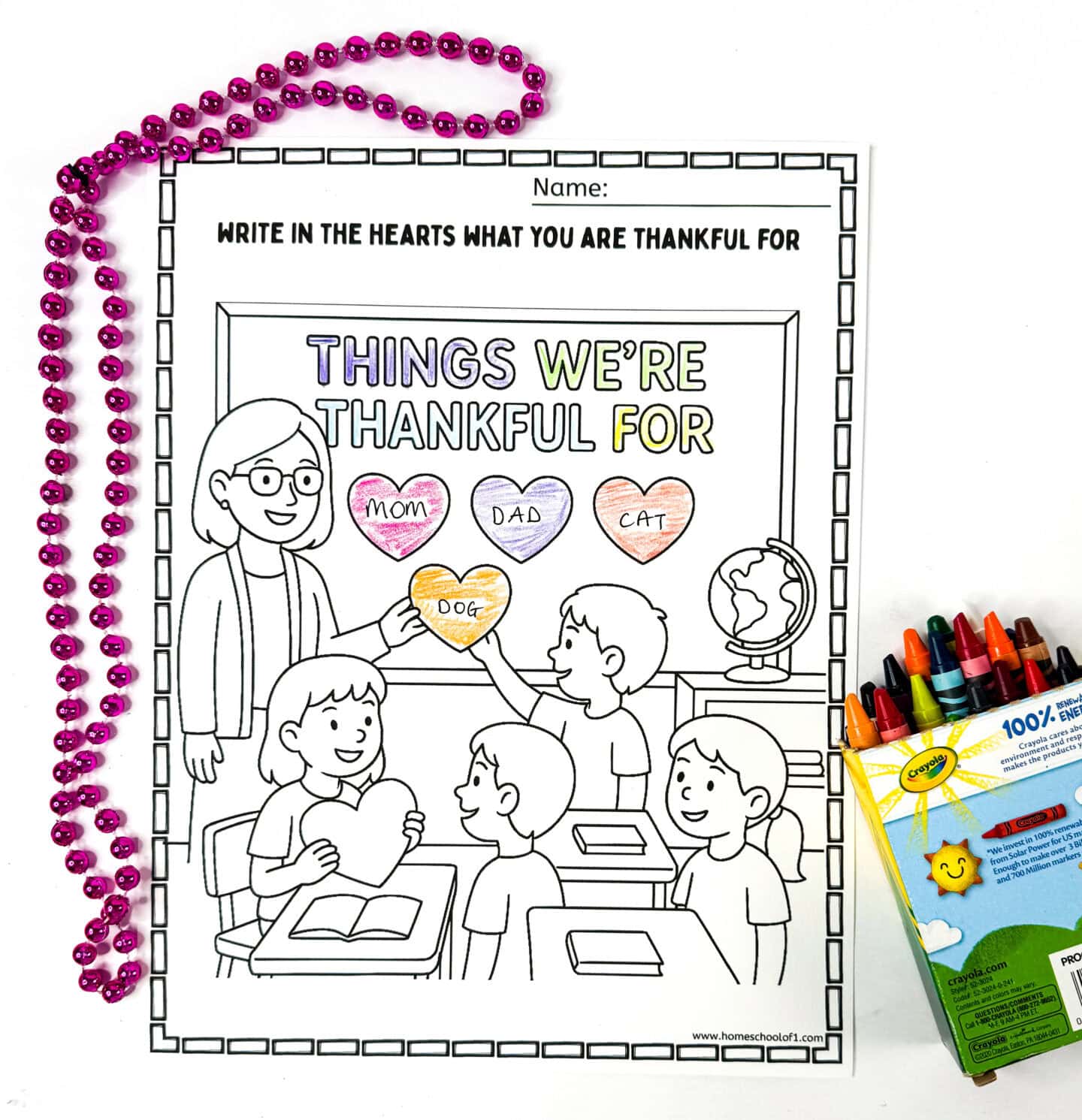 Thankful classroom coloring page where kids write in hearts what they’re thankful for on a chalkboard with teacher and classmates.