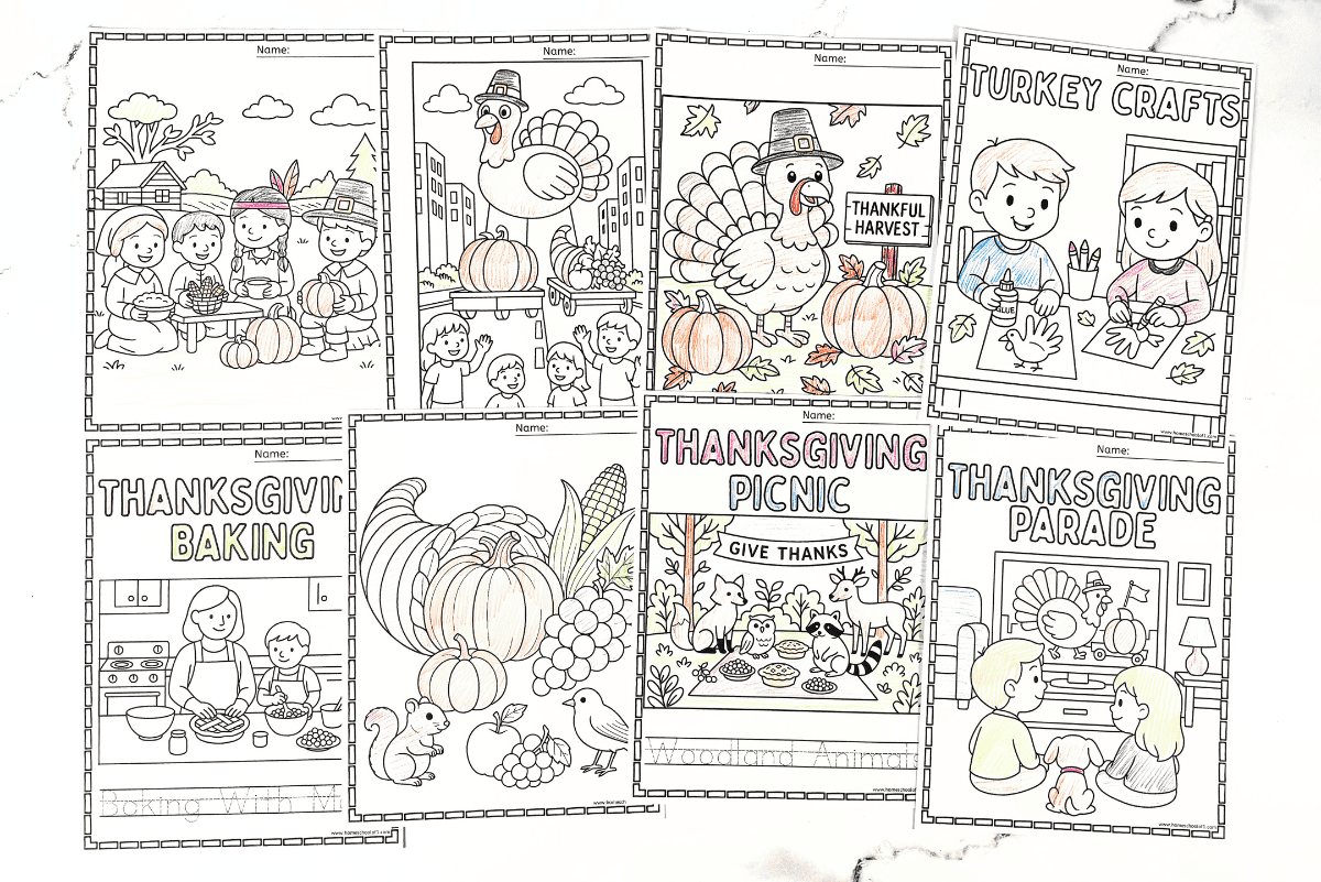 Collage of Thanksgiving coloring pages featuring turkey floats, family baking, woodland picnic, crafts, and cornucopia.
