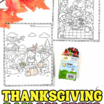 Thanksgiving coloring pages showing a family feast and children sharing food outdoors with pumpkins and fall scenery.