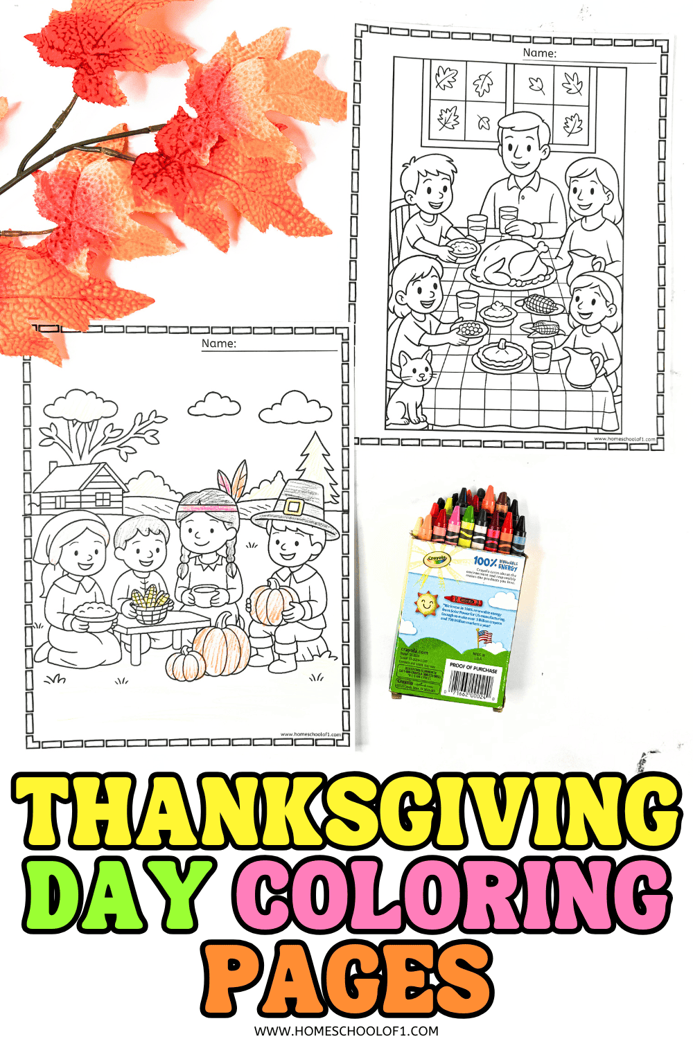 Thanksgiving coloring pages showing a family feast and children sharing food outdoors with pumpkins and fall scenery.