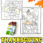 Thanksgiving parade coloring pages showing kids watching the parade on TV and a turkey float with pumpkins.