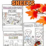 Thanksgiving Day coloring sheets set featuring picnic, turkey crafts, and baking pages with bright fall leaves and crayons.