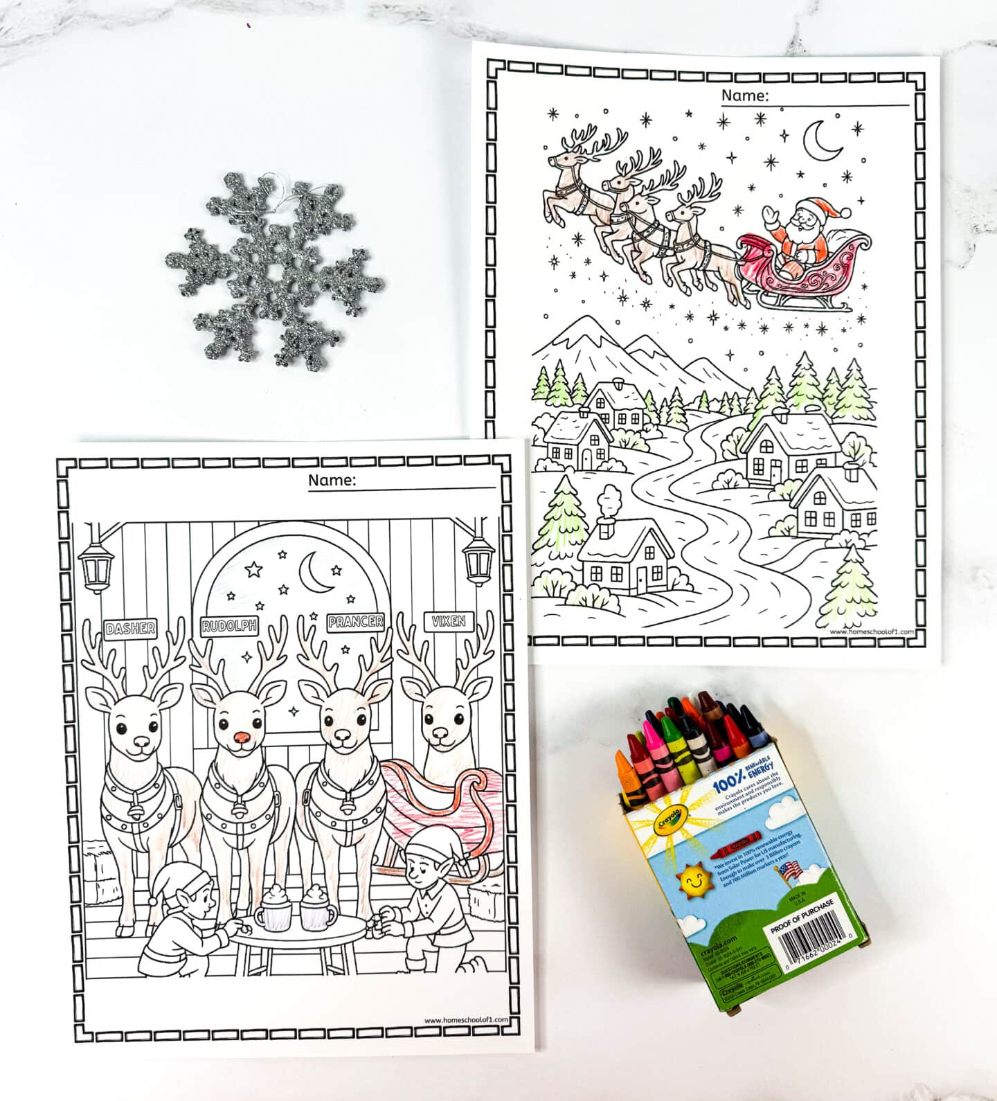 Christmas reindeer coloring pages showing Santa’s sleigh and elves caring for reindeer in the workshop.