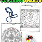 Two detailed December mandala coloring pages—one snowflake design and one winter solstice diagram—placed beside blue beads and crayons.