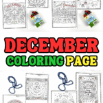 Eight December coloring pages displayed together, including snowmen, nativity, woodland animals, mandalas, and cozy home scenes with crayons and blue beads.