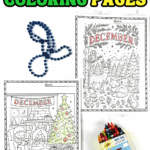 Two December coloring pages—one cozy reading scene beside a decorated Christmas tree and one woodland forest with deer, owl, and fox under “December.”