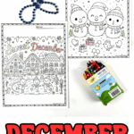 Two printable December coloring sheets—one with three snowmen and “Happy December,” and one showing a gingerbread village labeled “Sweet December,” beside blue beads and crayons.