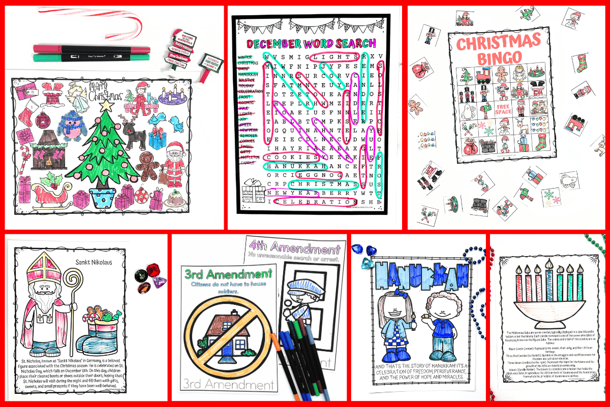 Collage of December printables featuring Christmas coloring pages, word searches, bingo games, St. Nicholas and Hanukkah worksheets, and U.S. Constitution amendment activities.