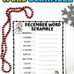 Blank December word scramble printable with red Christmas beads and silver snowflake decoration.