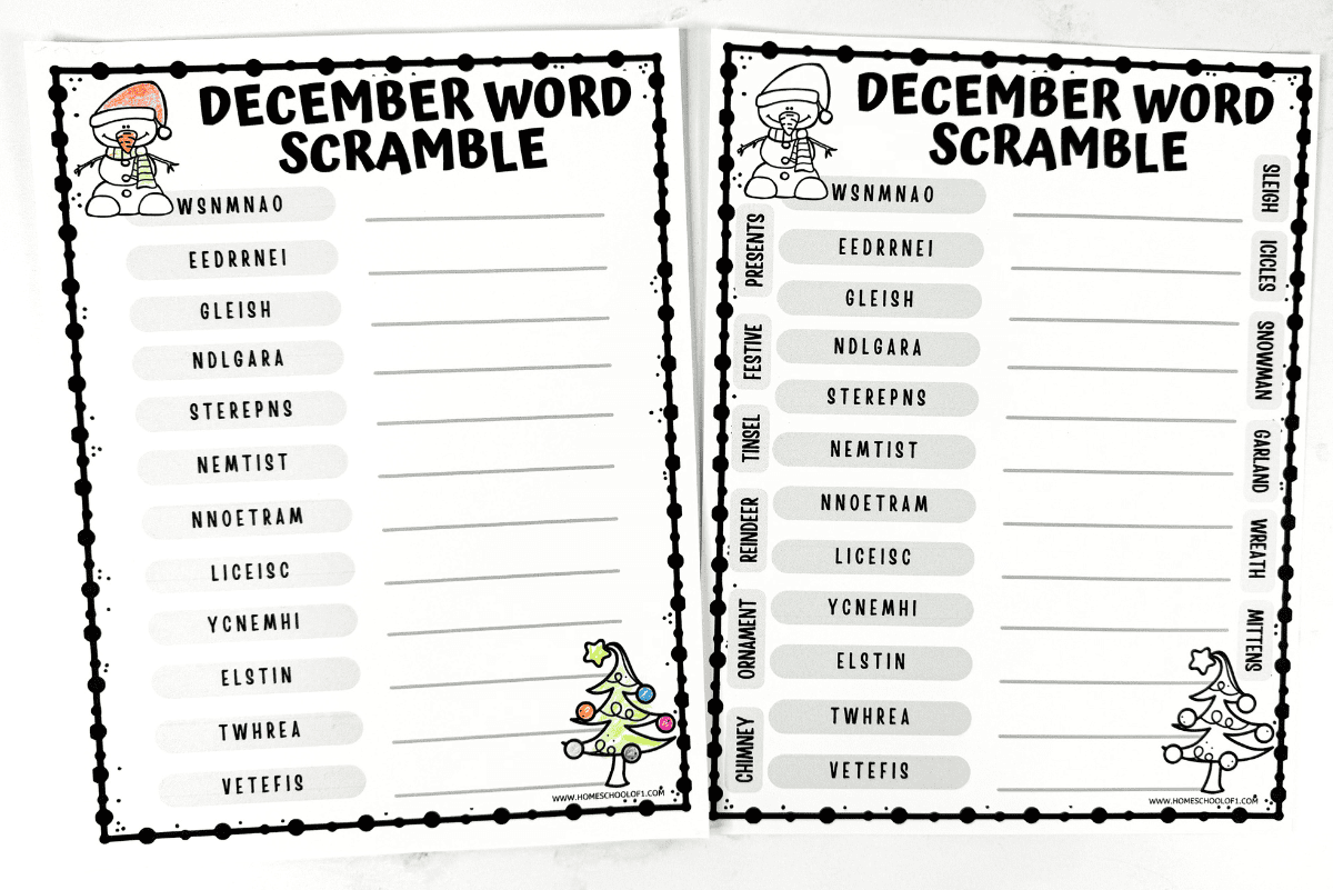 Two versions of a December word scramble worksheet: one blank and one with printed answers.