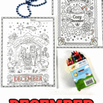 Two printable December coloring pages—one nativity scene with “December” text and one “Cozy December” cocoa mug surrounded by cookies, candies, and holiday treats.
