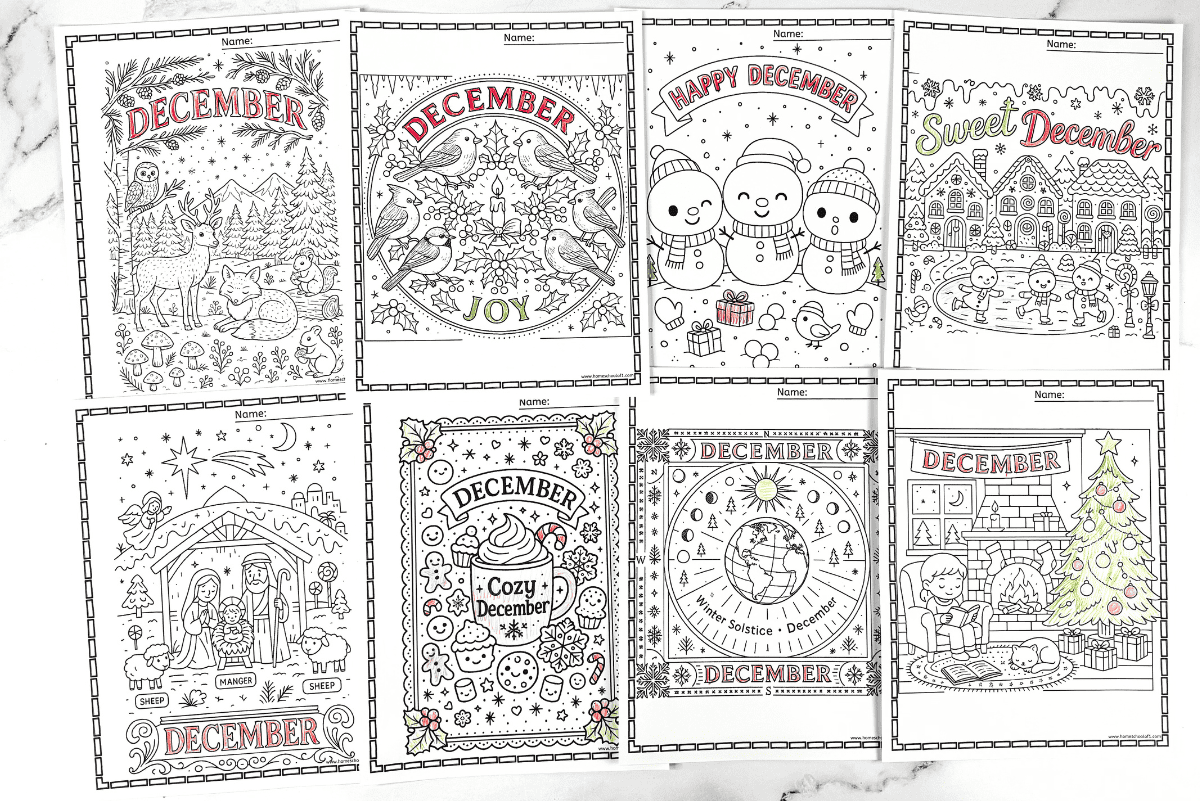 Eight December coloring pages laid flat, featuring forest animals, nativity, snowmen, mandalas, and cozy indoor scenes, each with detailed linework and festive text.