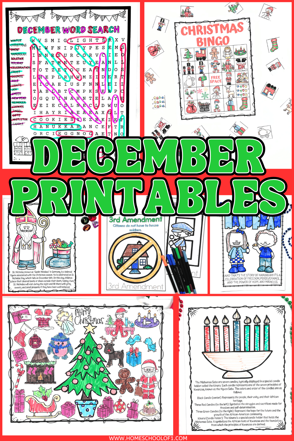 Collage of free December printables for kids including a word search, Christmas bingo, St. Nicholas coloring page, Bill of Rights worksheet, Hanukkah coloring page, and Kwanzaa kinara activity.