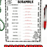 Completed December word scramble worksheet with red handwritten answers and green Christmas beads.