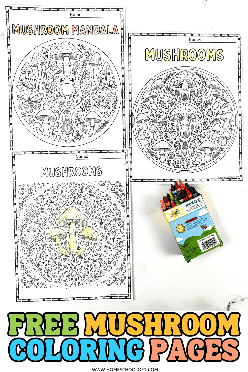 Free mushroom coloring pages showing mandala-style mushroom art for kids with crayons.