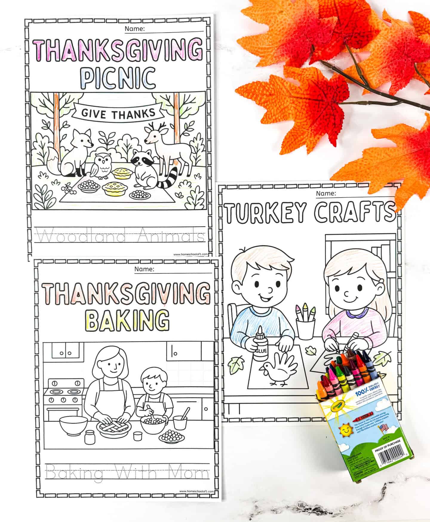 Thanksgiving coloring pages featuring a woodland picnic, baking with mom, and kids making turkey crafts, displayed with fall leaves.