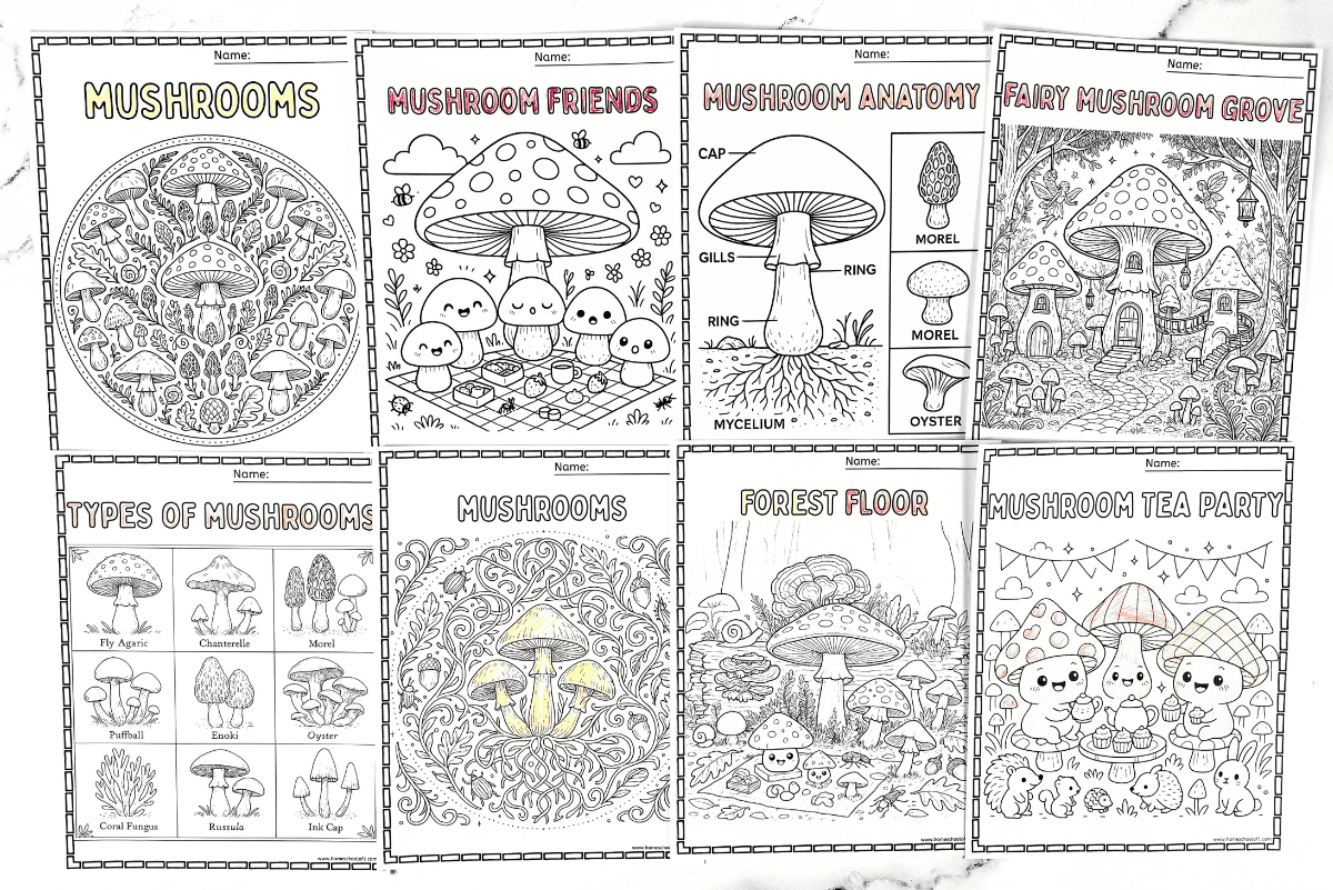 Collection of eight free mushroom coloring pages including fairy grove, anatomy, mandala, and tea party designs.