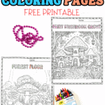 Free mushroom coloring pages for kids featuring fairy mushroom grove and forest floor designs with crayons and beads.