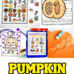 Set of fall-themed printable pumpkin activities featuring bingo cards, a pumpkin life cycle worksheet, scavenger hunt, and coloring sheets arranged on a white background.
