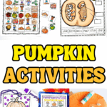 Collage of printable pumpkin activities for kids including pumpkin bingo, parts of a pumpkin worksheet, scavenger hunt, coloring page, and a paper plate craft.