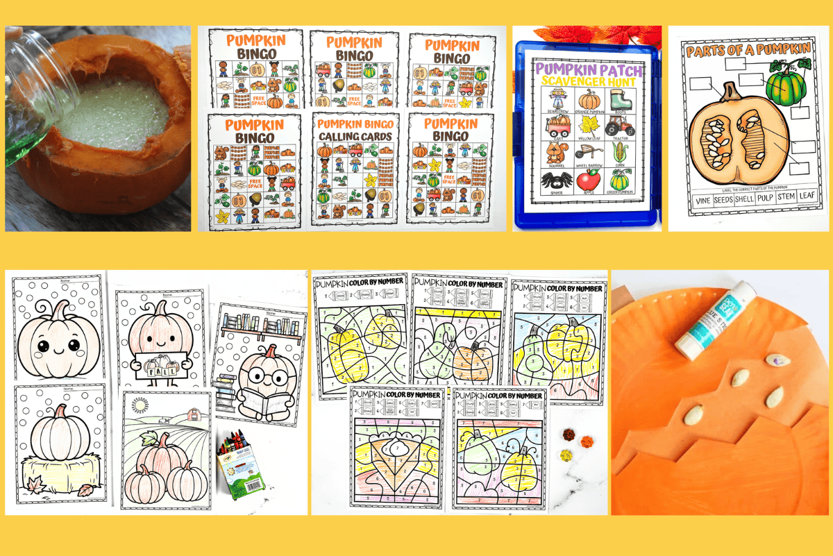 Horizontal collage showing bubbling pumpkin experiment, bingo cards, scavenger hunt sheet, coloring pages, and paper plate pumpkin craft on a yellow background.