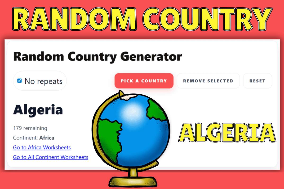 Random country generator showing geography tool with selected country Algeria and globe illustration