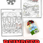 Two reindeer coloring pages: Santa flying over a snowy village and elves tending to four reindeer in the workshop.