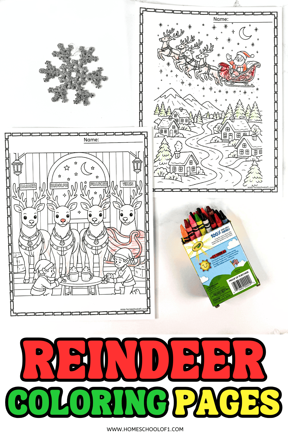 Two reindeer coloring pages: Santa flying over a snowy village and elves tending to four reindeer in the workshop.