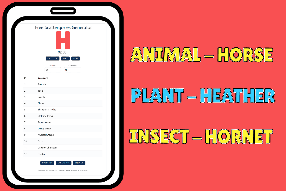 online scattergories game showing letter H with example answers like horse hornet and heather