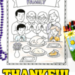 Free thankful for family coloring sheet with children and grandparents praying before a Thanksgiving meal at the dinner table.
