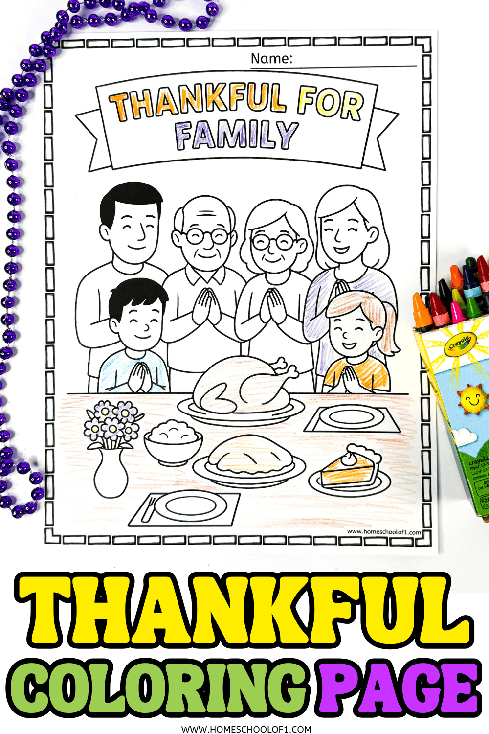Free thankful for family coloring sheet with children and grandparents praying before a Thanksgiving meal at the dinner table.