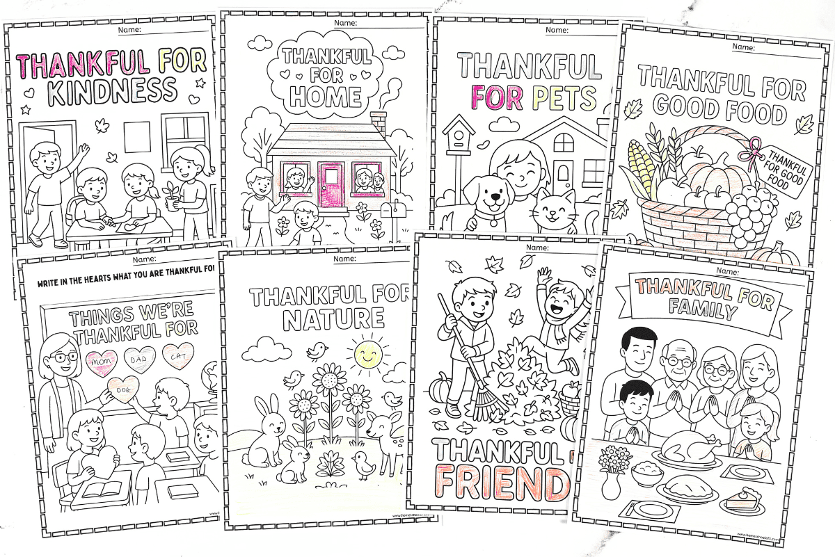 Collection of 10 free thankful coloring pages for kids to celebrate gratitude for family, pets, friends, food, nature, and more.