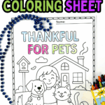 Free thankful for pets coloring page showing a child with a dog and cat in front of a house, perfect for fall or Thanksgiving.