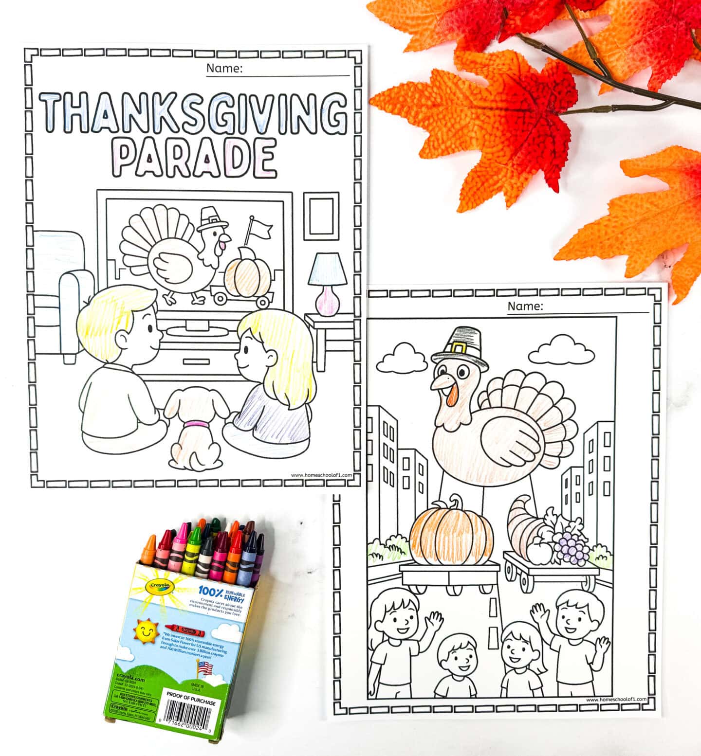 Thanksgiving parade coloring pages with kids watching the parade on TV and a turkey float scene, shown with fall leaves and crayons.
