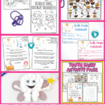 Collage of Tooth Fairy activities for kids, including coloring pages, I Spy game, Tooth Fairy letters, certificates, a cotton-ball craft, and printable activity pack with bright pink borders.