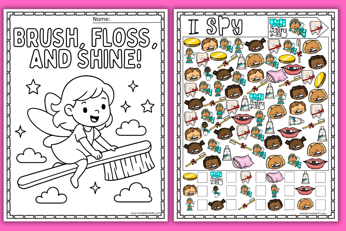 Printable Tooth Fairy coloring page with fairy riding a toothbrush beside clouds and stars, and an I Spy game featuring teeth, fairies, toothbrushes, toothpaste, and smiling faces on a pink background.