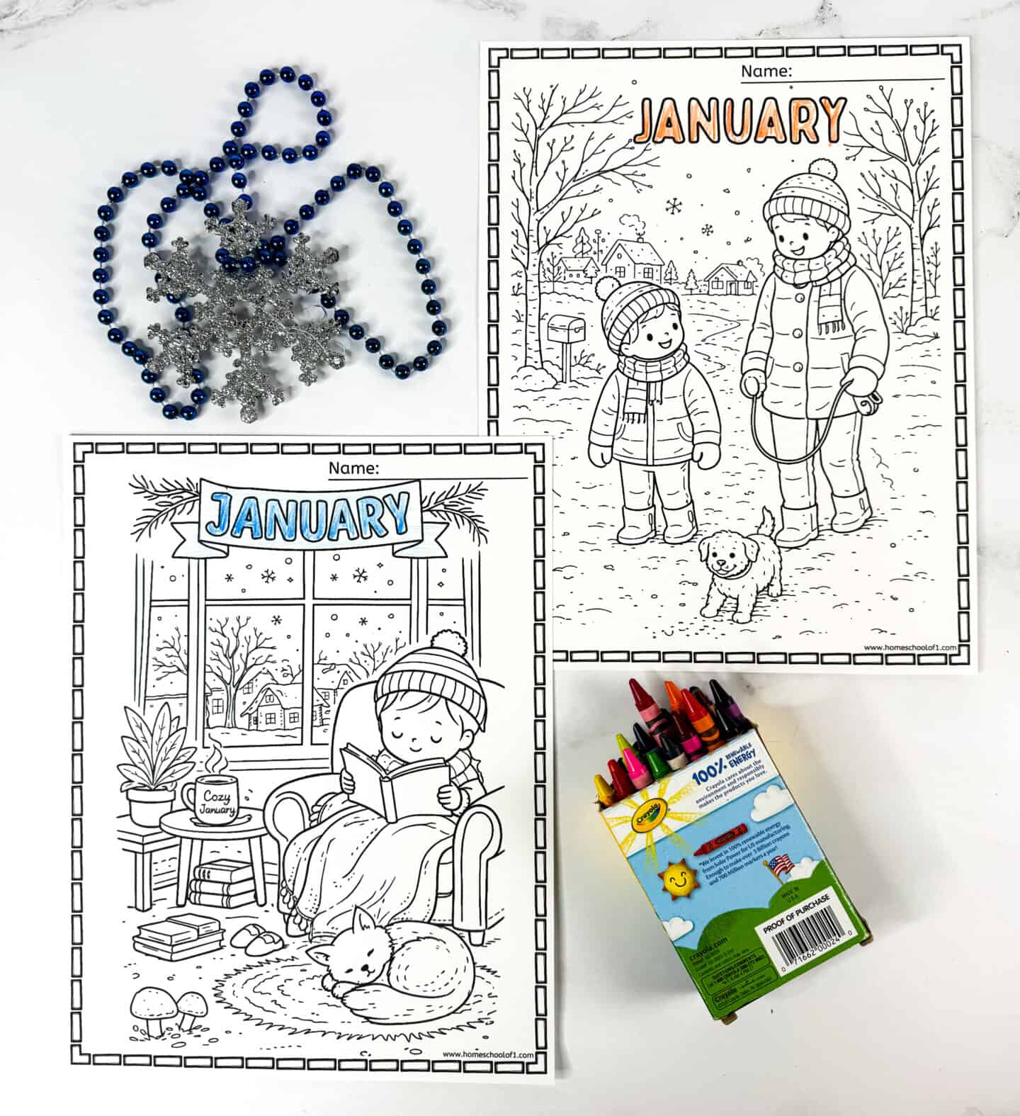 Cozy January coloring page showing a child reading indoors with a blanket, window view of snow, and winter details.