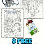 Free January coloring pages featuring winter scenes, snow play, and the word January, shown with crayons and craft supplies.