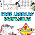 Free January printables for kids including a year in review worksheet, January reading log, Martin Luther King Jr crossword puzzle, and 100th day of school crown activity.