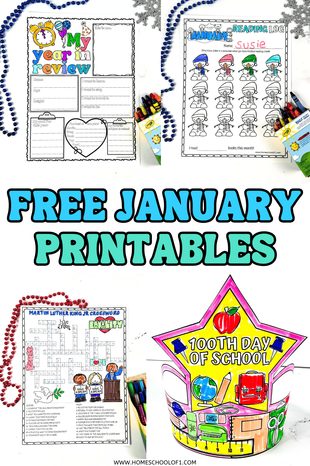 Free January printables for kids including a year in review worksheet, January reading log, Martin Luther King Jr crossword puzzle, and 100th day of school crown activity.