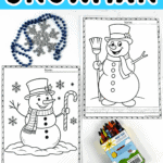 Free printable snowman coloring pages showing snowmen holding cocoa, candy canes, and wearing winter accessories.