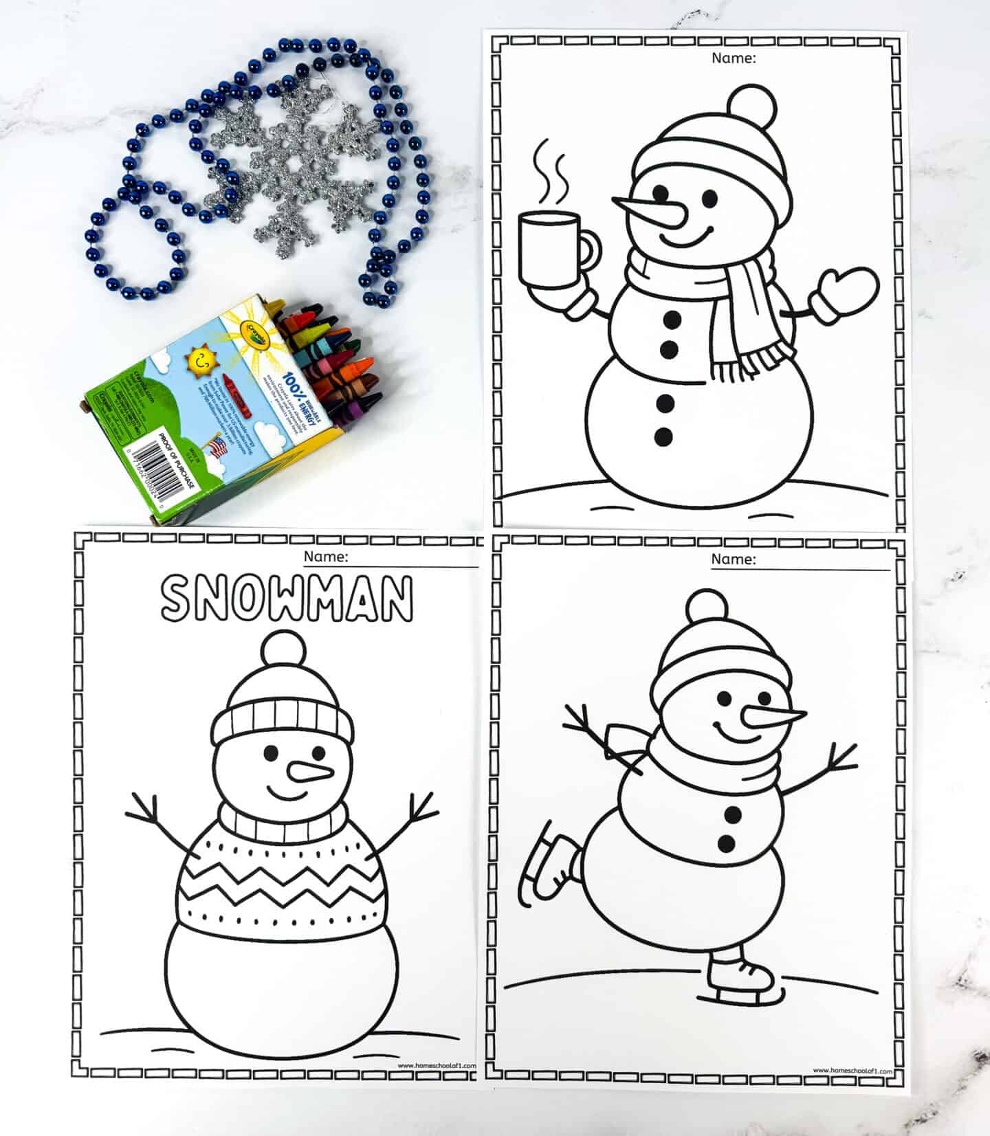 Snowman coloring pages featuring a cozy snowman with hot cocoa, a snowman in a sweater, and a snowman ice skating.