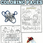 January coloring pages with Hello January lettering and winter scenes, including feeding birds and snowy outdoor illustrations.