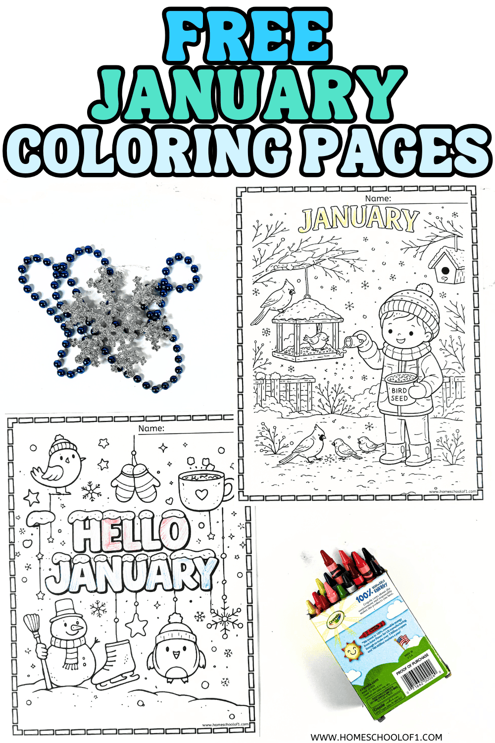 January coloring pages with Hello January lettering and winter scenes, including feeding birds and snowy outdoor illustrations.